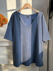 Comfortcana Plus Size Acid Wash Blue Loose V-Neck T-Shirt, Cotton Fabric, Suitable For Spring/Summer - Blue - View 4