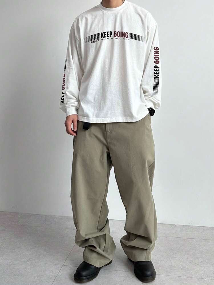Letter Print White Men's Long Sleeve T-Shirt, Spring/Summer