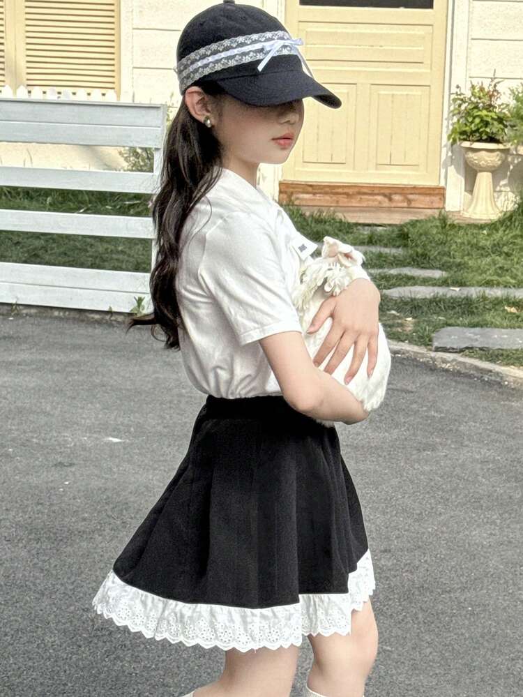 2pcs/Set Girls Tween Girl Fall Outfit: Collared Letter Print Short Sleeve T-Shirt + Skirt