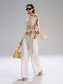 LYSMO 女士单肩双结花卉粉色上衣 - 2025 年春夏新品 - 杏色 - 查看 7