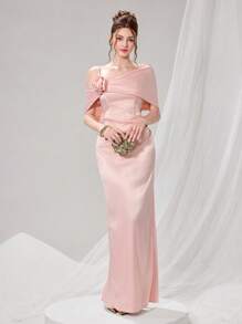 Poshira Đầm dự tiệc cocktail họa tiết hoa 3D cổ bẻ màu trơn thanh lịch cho nữ - Hồng - Xem 7