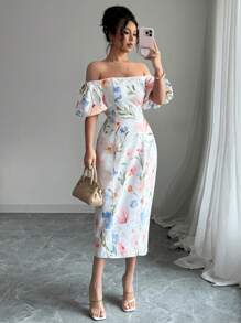 Selianne Women's Elegant Floral Allover Print Off Shoulder Summer Dress - Apricot - View 1