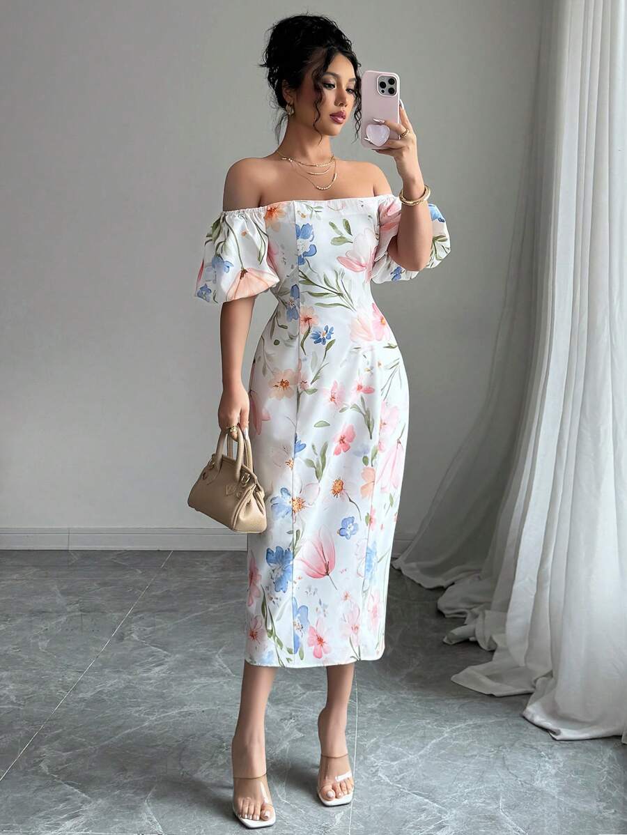 Selianne Women's Elegant Floral Allover Print Off Shoulder Summer Dress - Apricot - View 1