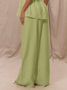 MUSERA Low Rise Elasticated Waistband Wide Leg Trousers Only Summer Vacation Holiday Elegant Beachwear Boho Romantic Ibiza Linen Feel - Lime Green - View 4