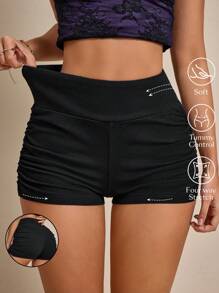 SHEIN EZwear Pantalones cortos de mezclilla casuales y versátiles con drapeado, de verano - Negro - Ver 1