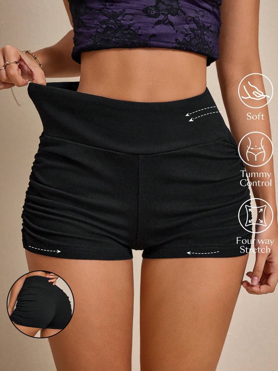 SHEIN EZwear Pantalones cortos de mezclilla casuales y versátiles con drapeado, de verano - Negro - Ver 1