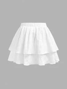 SHEIN Leap Crew Tween Girls' Casual Vacation Pure White Textured Fabric Layered Ruffle Hem Mini Skirt - White - View 3