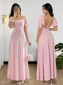 Firerie 女士优雅奢华浪漫舞会礼服婚礼宾客节日甜心领水钻装饰泡泡袖蝴蝶结露背 A 字长裙，粉色 - 粉色 - 查看 10