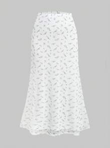 SHEIN Girlism 青少年女孩休闲碎花长款紧身半身裙 - 白色 - 查看 1