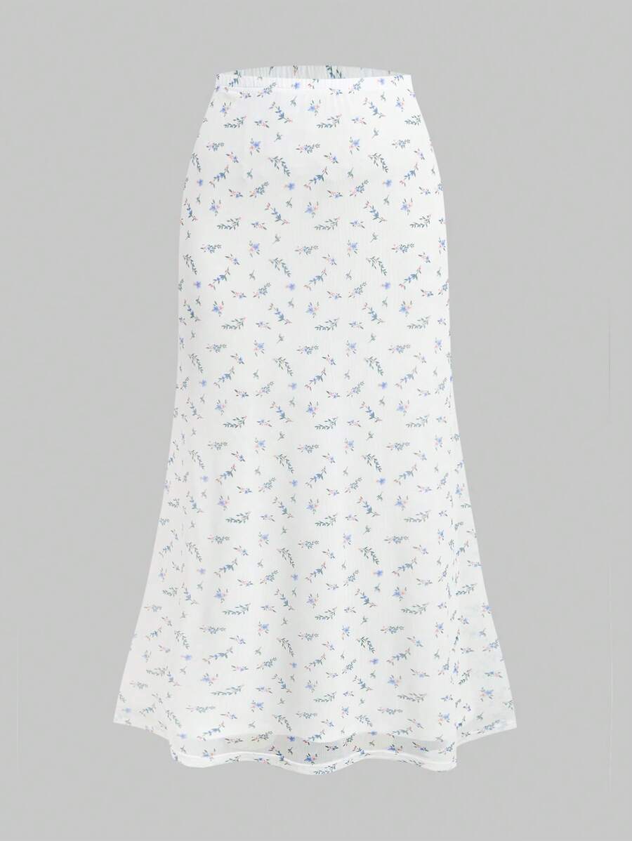 SHEIN Girlism 青少年女孩休闲碎花长款紧身半身裙 - 白色 - 查看 1