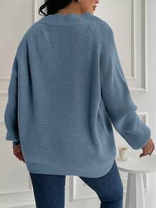 EURMUSE Suéter informal de un solo color, talla grande, adecuado para otoño/invierno - Neblina azul - Ver 2