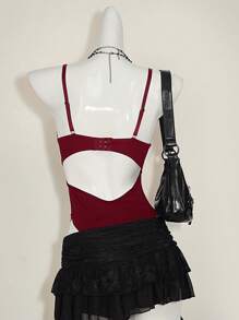 SHEIN ICON Y2K 春季嘉年华蕾丝拼布短款吊带背心上衣高腰露背女式吊带背心 - 酒紅色 - 查看 2