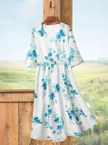 Rusticease Women Floral Print Round Neck Loose Casual Smock Dress For Holiday - White - View 7