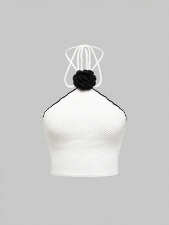 Kawaii Top tricoté sans manches à col ras-du-cou avec décoration florale pour femmes