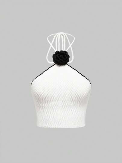 Kawaii Women Floral Decoration Sleeveless Halter Knitted Top