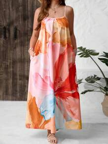 SHEIN VCAY 大码度假夏季女式彩色花卉印花无袖 V 领带口袋宽松长裙，休闲西部乡村风格长裙 - 彩色 - 查看 3