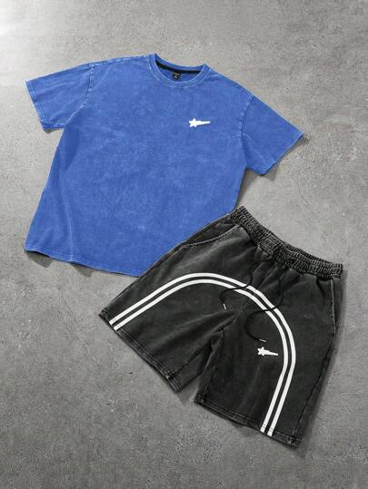 PAVTROS Manfinity Streetrush 2 件/套男士街头时尚，年轻休闲风格：短款圆领短袖 T 恤和松紧腰带功能口袋短裤，奢华绒面革面料，简单的标语装饰“做你自己”传达积极的态度，个性化和简约而时尚，适合日常搭配、户外、休闲装、运动、节日礼物、中性男士街头衬衫街头衬衫男士衬衫街头潮流街头潮流男装街头潮流男士衬衫、嘻哈街头、男朋友礼物、街头潮流男士