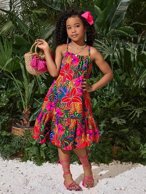 SHEIN 青少年女孩度假休闲无袖连衣裙