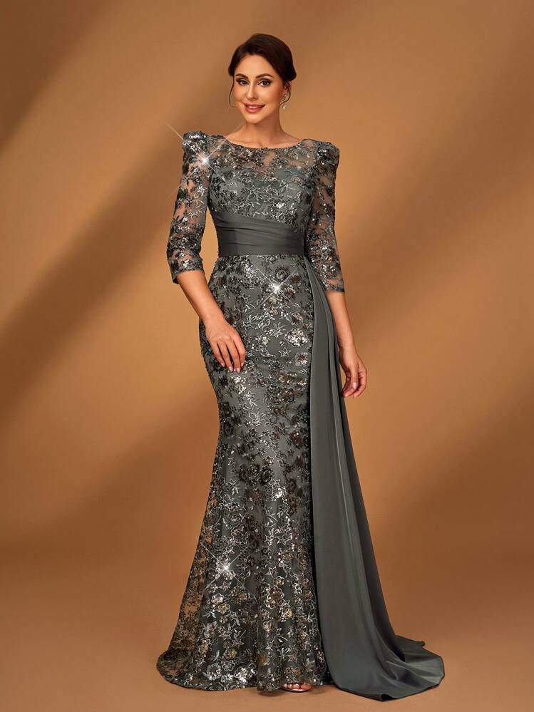 Serin 优雅奢华珍珠刺绣蕾丝和缎面拼接透视长袖美人鱼连衣裙，侧开衩，适合婚礼、派对、度假、庆典、新娘母亲晚礼服 - 深灰色 - 查看 7