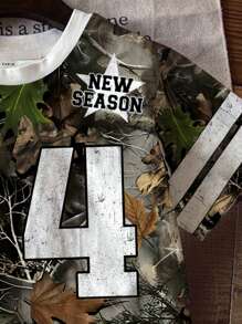 青少年女孩休闲简约字母和数字图案 24 针织超宽松 T 恤适合夏季，适合运动游戏，迷彩树枝印花，休闲短袖，时尚上衣 - 彩色 - 查看 5