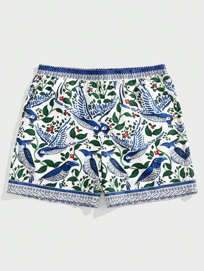 EASEVO Plus Size Men's Casual Loose Parrot & Leaf Print Woven Shorts For Summer