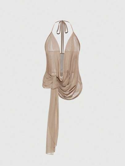 ROMWE Avant Spring/Summer Carnival Beach Vacation Music Festival Chic Sexy Plunging Neckline Backless Halter Sheer Top For Women