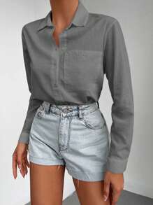 SHEIN Cottnline 100%Cotton Solid Button Front Pocket Patched Shirt - Grey - View 3