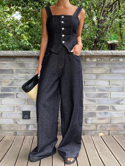 DAZY Nuevo traje de mezclilla holgado y casual de verano simple para mujeres para festivales de música