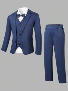 SHEIN 3 件套男童休闲优雅海军蓝绅士套装：西装背心和裤子，适合正式场合和派对 - 藏蓝色 - 查看 1