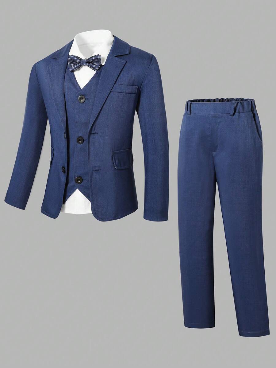 SHEIN 3 件套男童休闲优雅海军蓝绅士套装：西装背心和裤子，适合正式场合和派对 - 藏蓝色 - 查看 1