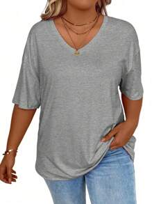 SHEIN CURVE+ Women Plus Size V-Neck Drop Shoulder Sleeve Casual T-Shirt, Summer