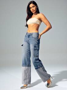 Denimoi High Cuffed Straight Leg Denim Jeans Fashionable - Medium Wash - View 5