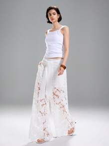 LYSMO Women's Solid Color Tie Knot Pocket Lace Patchwork Elegant Pants - White - View 7