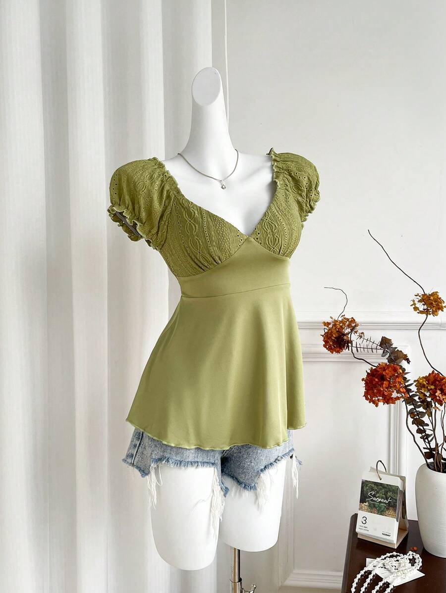 Sweetra 女式复古钩针镂空袖上衣腰系带甜美小众T恤春夏娃娃装上衣 - 綠色 - 查看 1