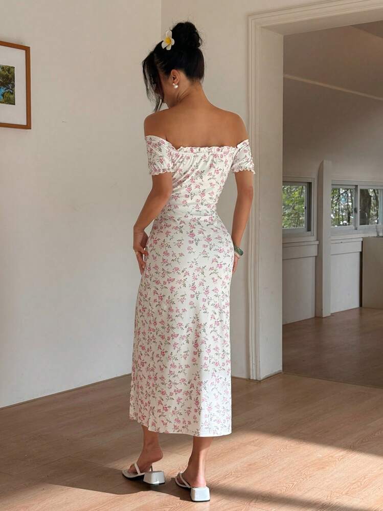 SHEIN Unity Women's Off Shoulder Side Slit Ditsy Floral Dress - Multicolor - View 3