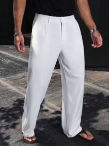 Manfinity Homme Men's White Pants, Textured Soft Single Pleat, Summer Thin Straight Leg Loose White Casual Trousers Wide Leg Pants Men Clothing Men Pants Men Wide Leg Pants Men Pants Wide Leg Men's Wide Leg Trouser, Fall - White - View 5