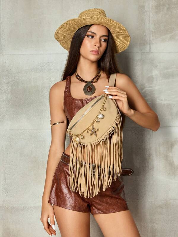 SHECARRY Bolso de cintura con decoración de flecos y cadena con estilo Y2K personalizado y fresco, adecuado para festivales de música