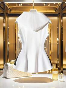 SHEIN Clasi Áo nỉ trùm đầu không tay có mũ trùm đầu in chữ kim loại dành cho nữ, tốt nghiệp, giáo viên, trở lại trường, mùa thu - Đen và trắng - Xem 2