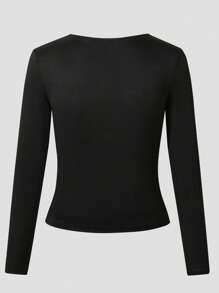 SHEIN Tween 女童方领蕾丝边修身长袖上衣，优雅时尚衬衫，非常适合青少年和年轻女士 - 黑色 - 查看 2