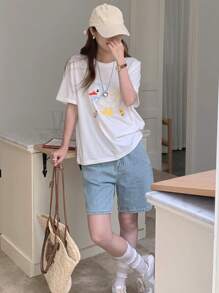 DAZY Women's Cartoon Embroidery Round Neck Casual Short Sleeve T-Shirt, Summer Cute Tops,Graphic Tees,Teacher Outfits - White - View 3