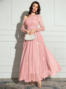 Modelyn 女士纯色不对称领口长袖优雅加长连衣裙