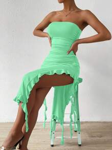 SHEIN Unity 女式纯色筒状抹胸镂空荷叶边下摆紧身连衣裙 - 薄荷綠 - 查看 5