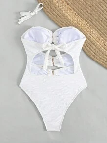 Swim Vcay 1 pieza Traje de baño de una pieza para mujer con tela texturizada y decoración de pétalos calados, diseño elegante para el ocio y las vacaciones