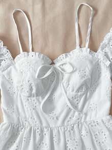 SHEIN 青少年女孩刺绣露肩荷叶边 A 字度假连衣裙，白色沙滩休闲度假装