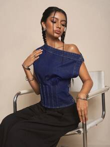 Easelle Millennium Girl Asymmetrical Shoulder Crop Top, Fashionable Summer Wear, Night Out, Vintage, Streetwear, Western Wear Women - Blue - View 3