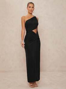 Lumalex Women's Metal Decor Ruched Twist Bodycon Extra Long Dress, One Shoulder - Black - View 7