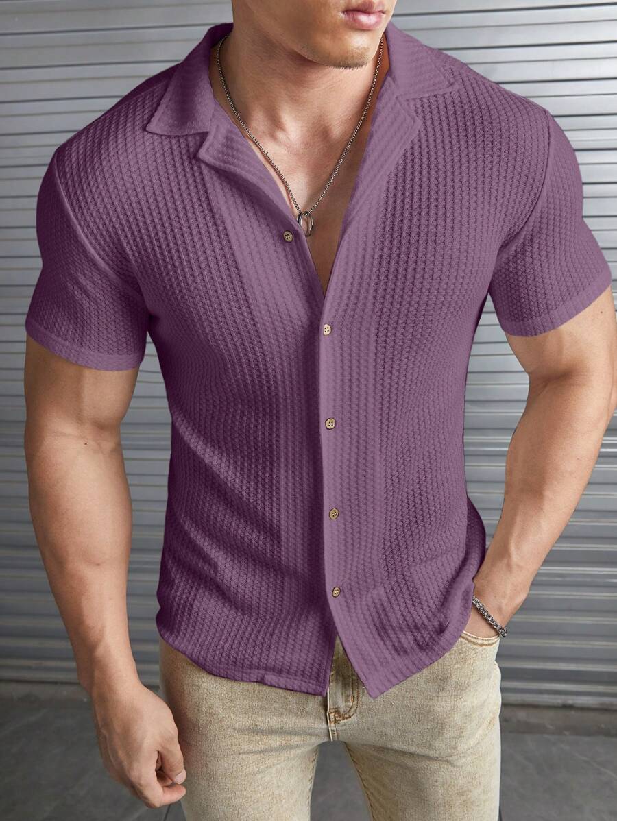 Manfinity VCAY Men's Casual Short Sleeve Shirt,Summer Breathable Textured Button Down Beach Top,Relaxed Fit Camp Collar Vacation Blouse,Vertical Pleated Travel Tee - Purple - View 1