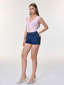 SHEIN Essnce Low Waist Denim Rhinestone Decorated Shorts For Women,New Summer Fashion Casual Elastic Fitted Sexy Slim Attractive Shorts - Blue - View 4