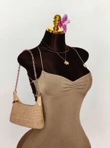 Amplova 后背交叉系带褶饰露背连衣裙 - 卡其色 - 查看 6