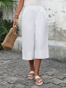 EMERY ROSE Quần Palazzo trơn màu dành cho nữ, quần Capri màu trắng mặc thường ngày, đi nghỉ hè, quần mùa hè cotton 100% dành cho nữ - trắng - Xem 7